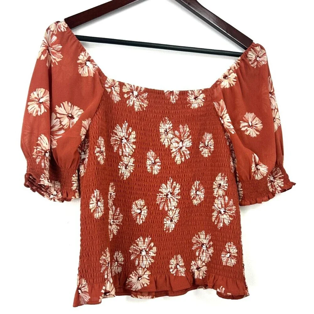 Madewell Georgette Lucie Top Sz M Womens Puff Sleeve Smocked Bodice Moody Blooms